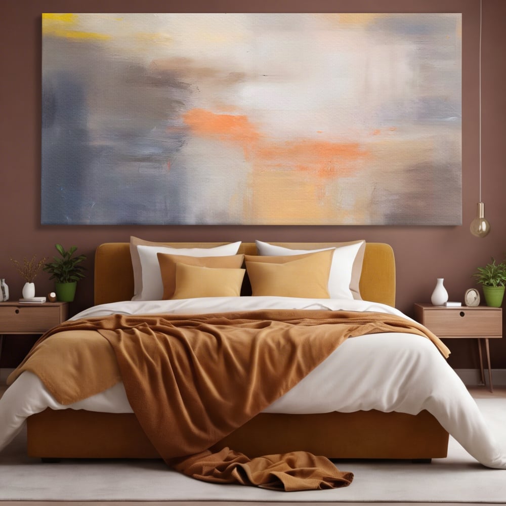 Tablou canvas cu pictura abstracta cu pete portocalii, fara rama, pe sasiu de lemn, pe perete intr-un dormitor